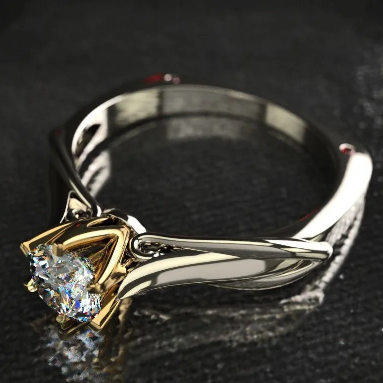 Two-tone vintage-inspired six-prong band with 1ct simulated moissanite center stone featuring precise eight-heart eight-arrow cu