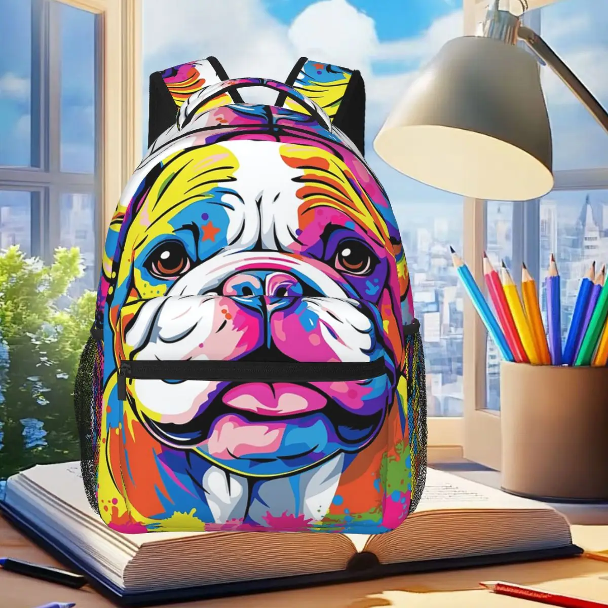 

Bull Dog Vibrant Neon-Like Colored Backpack Student Boys Girls BookBag Children School Bag Computer Shoulder Bags for Men Women