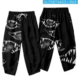 Cartoon Demon Mouth Printed Black Men Japanese Harem Trousers Casual Elastic Waist Kimono Cropped Pants Streetwear