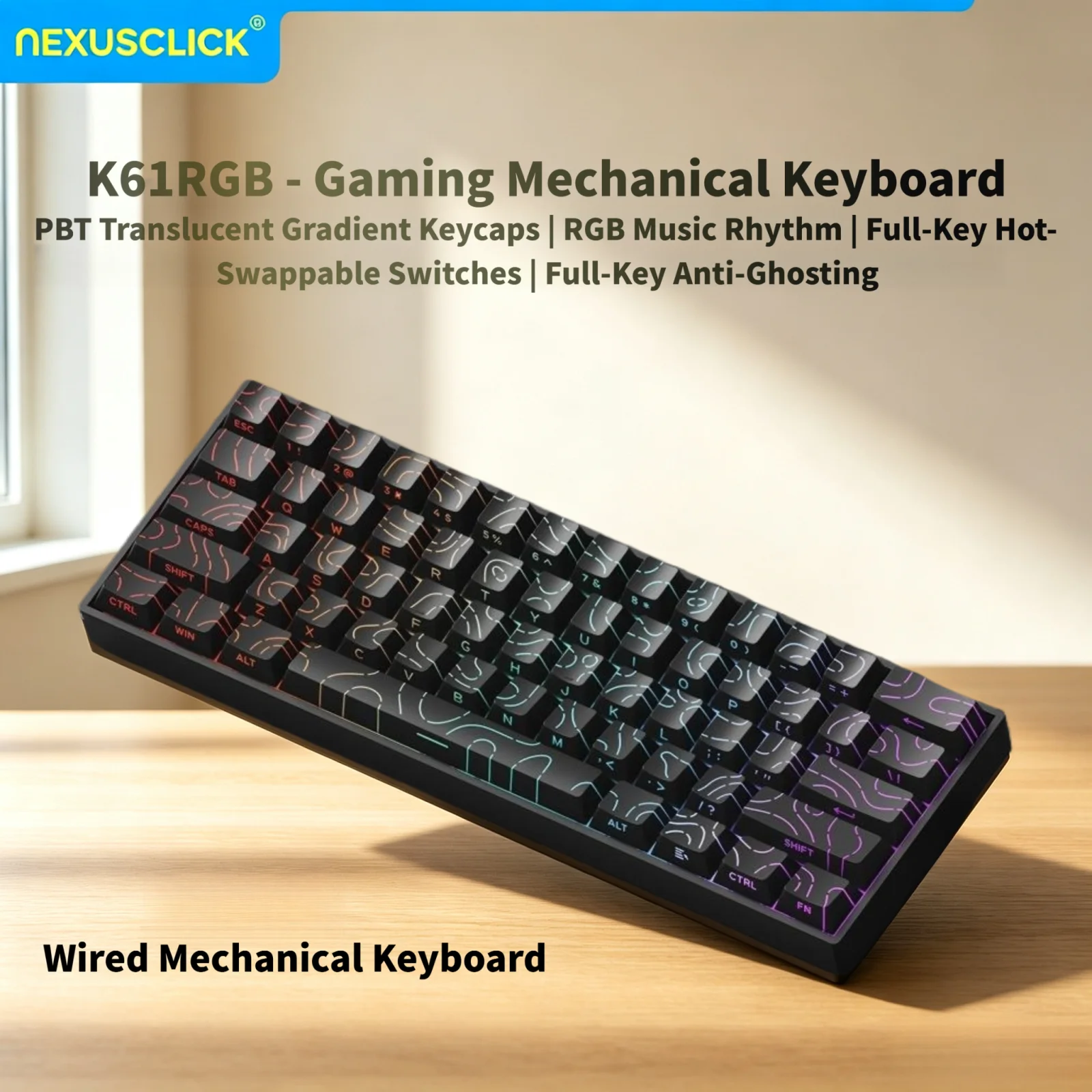 NexusClick 61 Keys Magnetic Gaming Keyboard, Mechanical Wired for Pro Esports,Hot Swappable RGB Backlit PBT Keycaps for PC Gamer