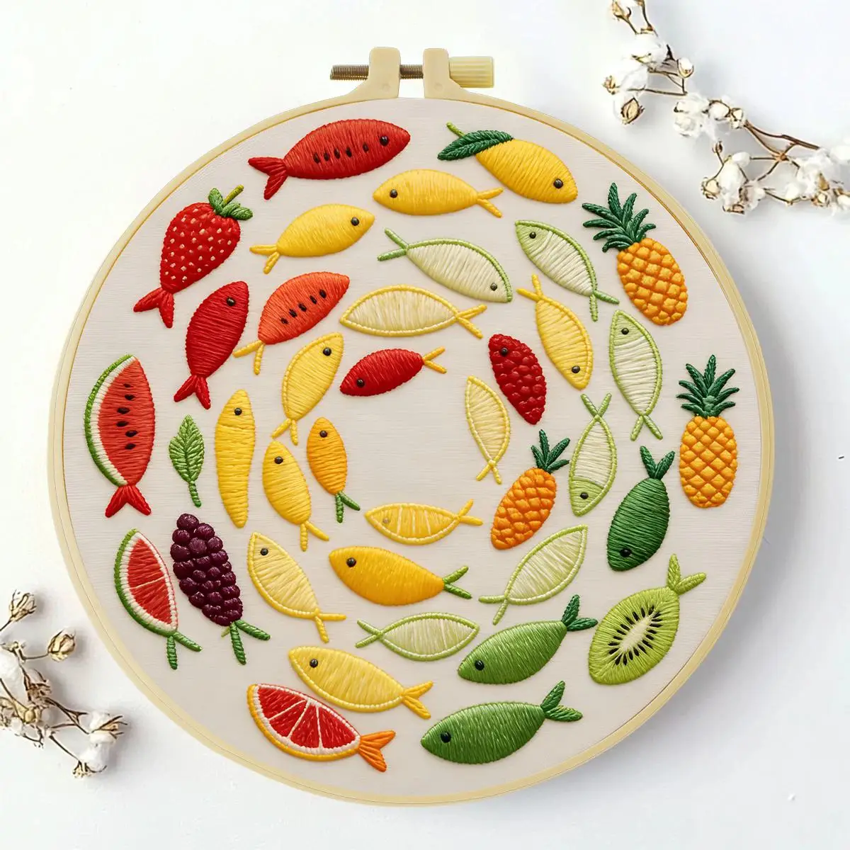 1 Stück 20X20CM/15X15CM 7,87/6,3 Zoll Obst-Fisch-Stickerei-Starter-Kit DIY-Kit DIY-Stickerei-Set für Anfänger – Detail 2