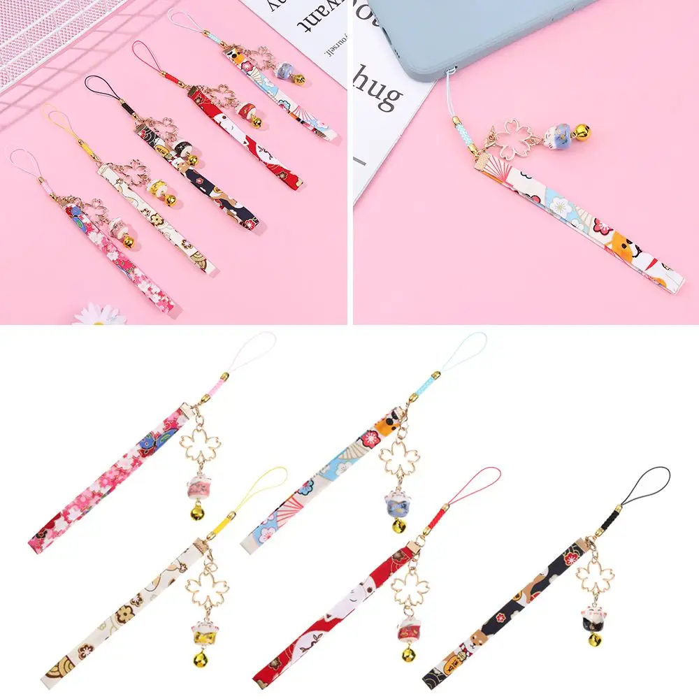 Bells Cherry Blossoms Lucky Cat Keychain Wrist Rope Lucky Cat Bell Sakura Phone Lanyard Phone Strap Lanyard Anti-lost Lanyard