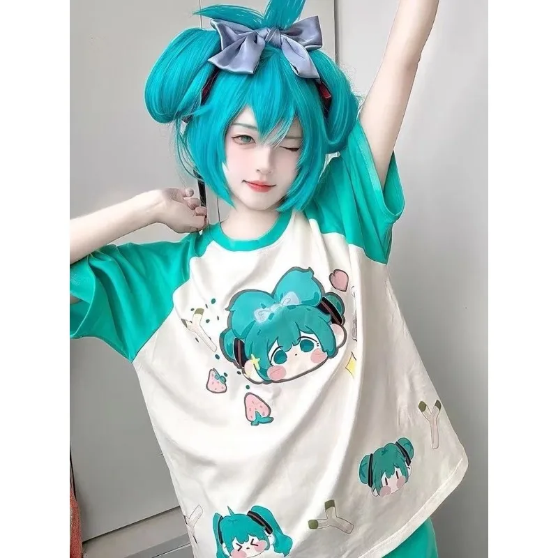 Hatsune Miku cartoon creative trend two-dimensional cos clothing lake green white Japanese cute short-sleeved top fashion gift