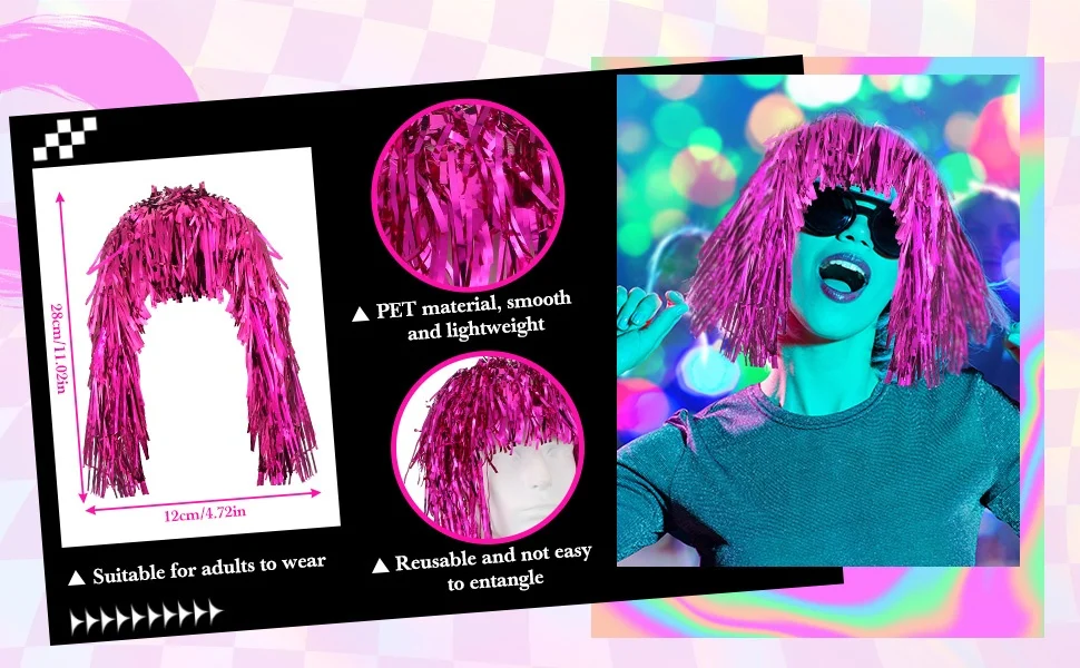 1/6 Stück Bunte Folien-Glitzerperücken Metallische Disco-Haarteile für 80er-Jahre-Cosplay Halloween Karneval Party Foto-Requisiten Kopfbedeckung – Detail 3