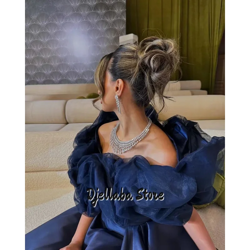 네이비 블루 새틴 이브닝 드레스 오프 숄더 A라인 프롬 가운 심플 엘레강트 아라비아 프롬 파티 드레스 맞춤 제작