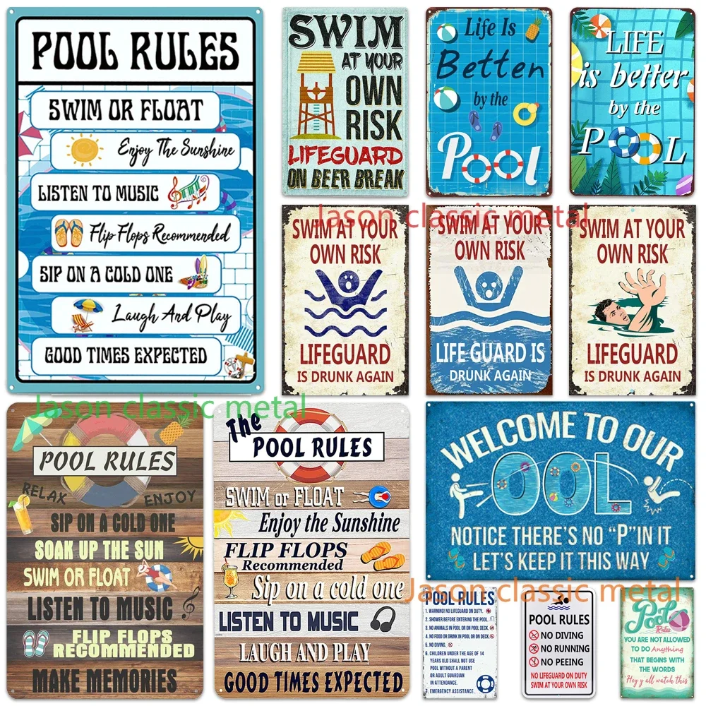 Beach Pool Rules Wall Metal Posters Tin Signs No Swim No Running Warning Text Public Pool Beach Wall Signs Shabby Plate plaque