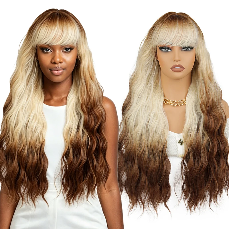 Ombre Brown Honey Blonde Long Loose Wave Wig with Bangs For Black Women Daily Party Heat Resistant Synthetic Natural Looking Wig