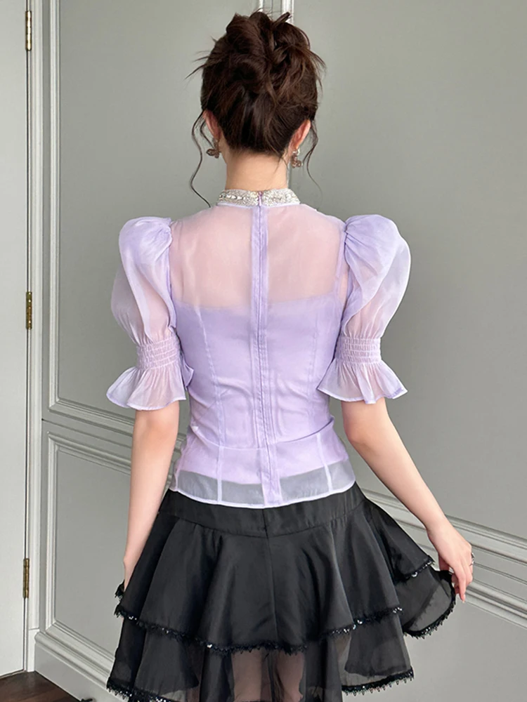 Abbigliamento donna Camicia in chiffon dolce viola con maniche a sbuffo Elegante signora di lusso Sheer Sexy Mujer Slim Top Camicetta casual Moda Estate