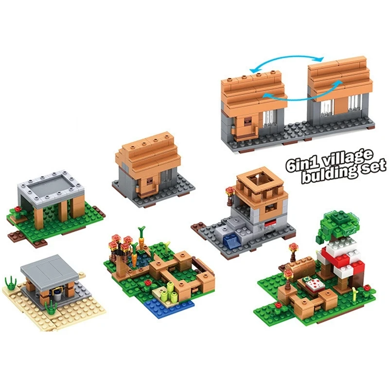 Villages House Worlds Building Blocks Mountain Cave Farm Nether Fight Zombie Alex Action Bricks Toys for Children Gifts