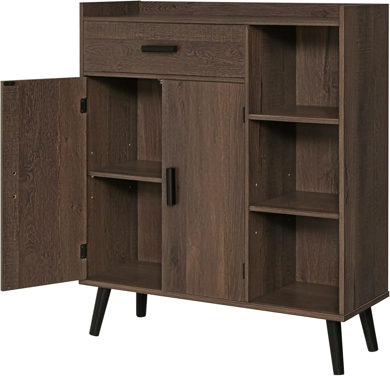 

37.2" H Tall Storage Cabinet with 1 Drawer and 2 Doors, Mid Century Floor Storage Cabinet with 3 Shelves, Dark Oak