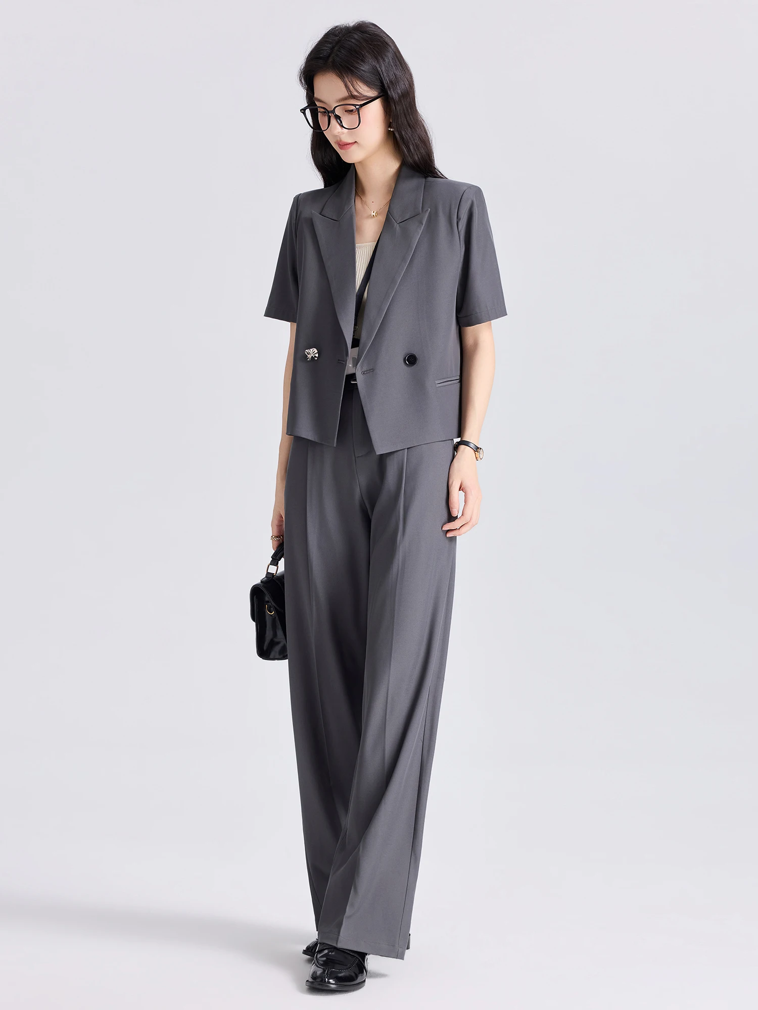 Black Short Suit Jacket Women's Summer New Casual High-End Interview Formal Women's Set Polyester Fiber Anti-Wrinkle Short Sl...