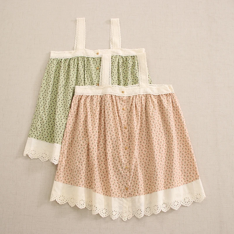 

Summer New Japanese Sweet Mori Girl Kawaii Floral Printed Sling Top Women Vintage Single Breasted Lace Patchwork Camis Tops
