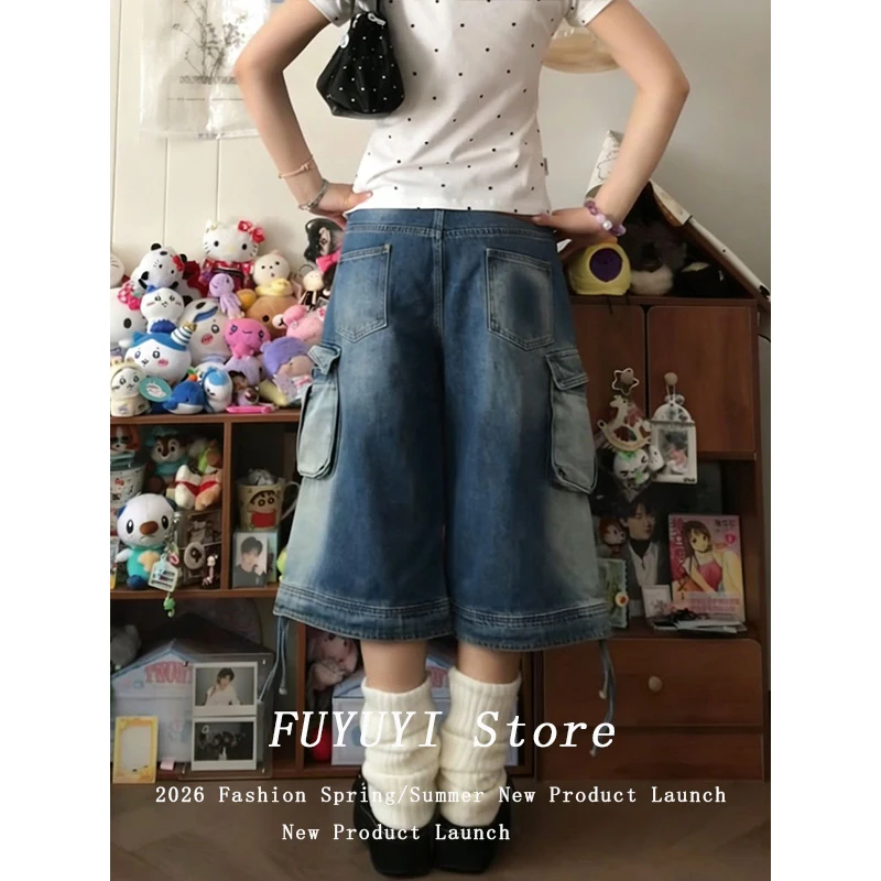 

Летние женские джинсовые шорты в американском ретро-стиле панк Y2K, японские джинсы-карго в стиле Харадзюку, брюки до икр 2026