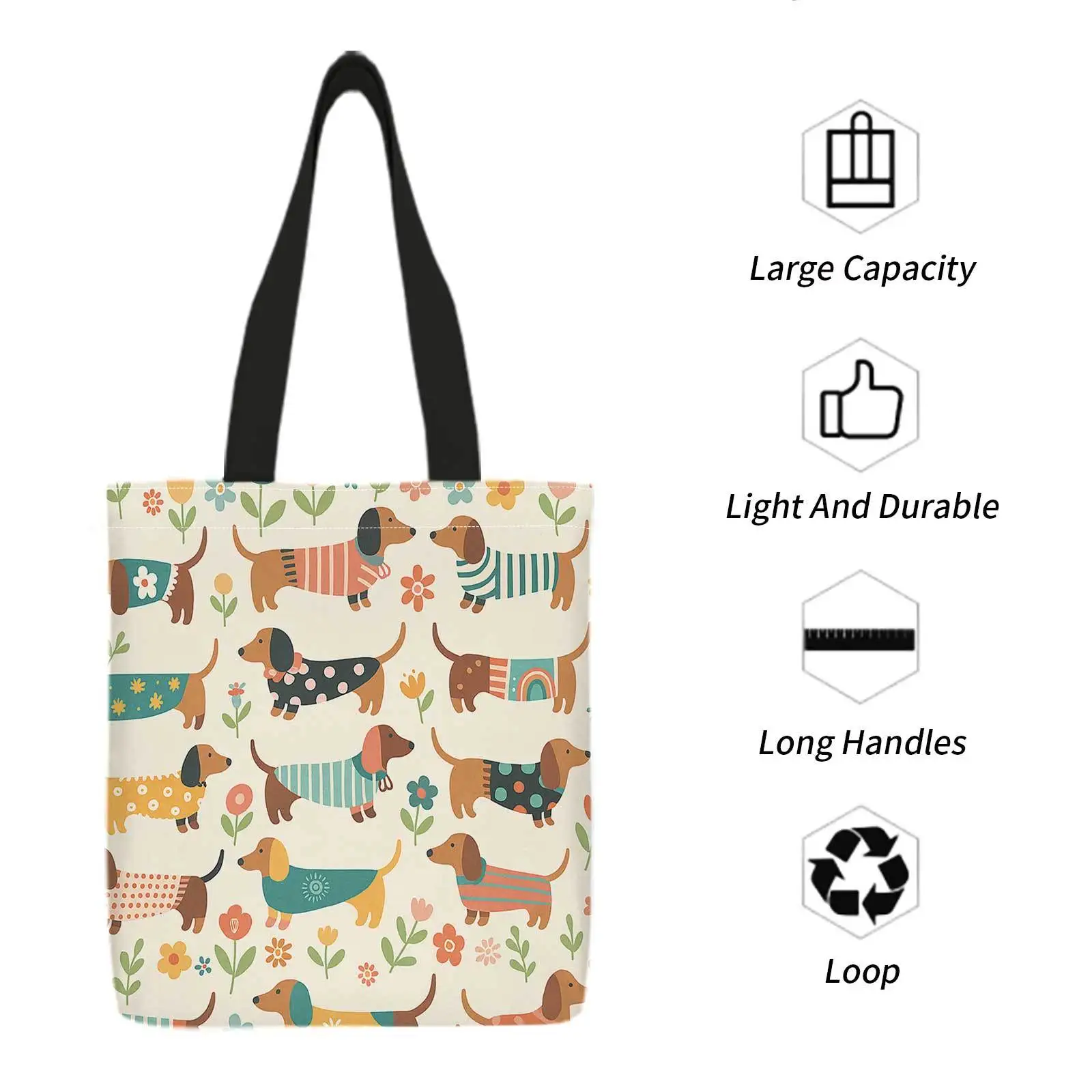 A Shopping Tote Bag with Prints on Both Sides Featuring Dachshunds, Vibrant Patterns, And a Floral Backdrop. This Lightweight, F view 2