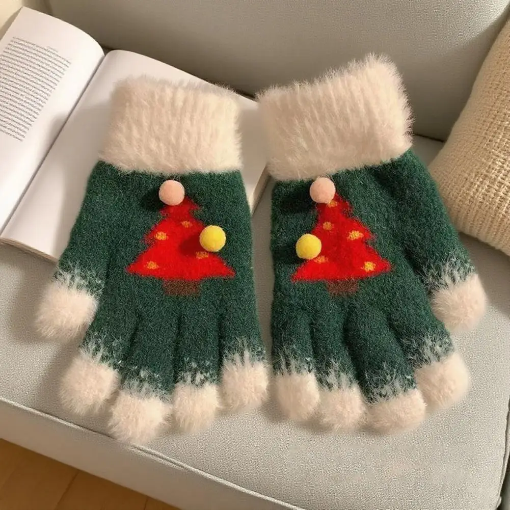 Festive Wear Gloves Knitted Christmas Gloves Unisex Winter Touchscreen Fuzzy Gloves for Adults Kids Festive Tree Pattern Exposed