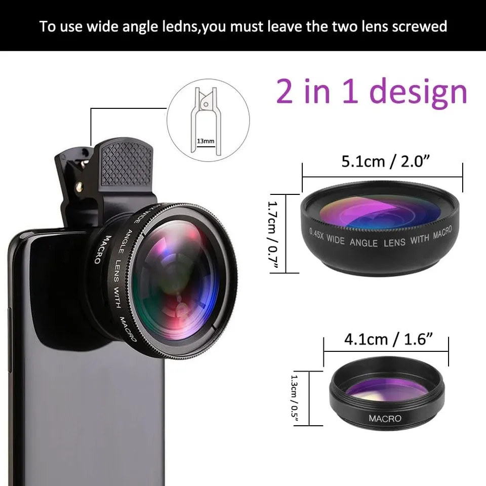Clip Universal 2 en 1 Lente 37mm Profesional 0.45X Gran Angular y Macro HD para iPhone y Android Teléfonos Móviles