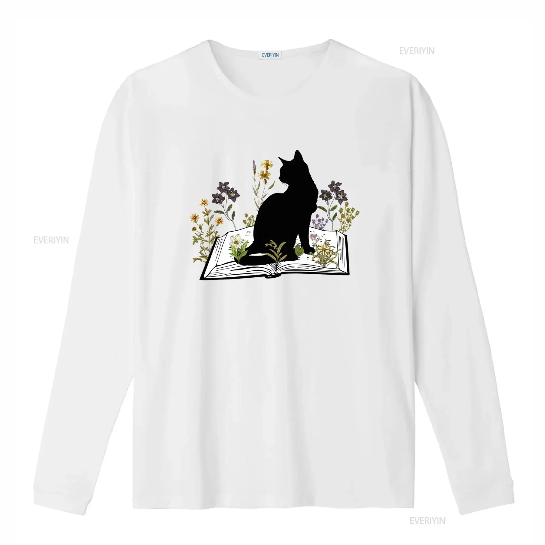 Vintage Dark Academia Black Cat Wild Floral Open Book Print Casual T Shirt vintage Washed fashion Breathable Comfortable