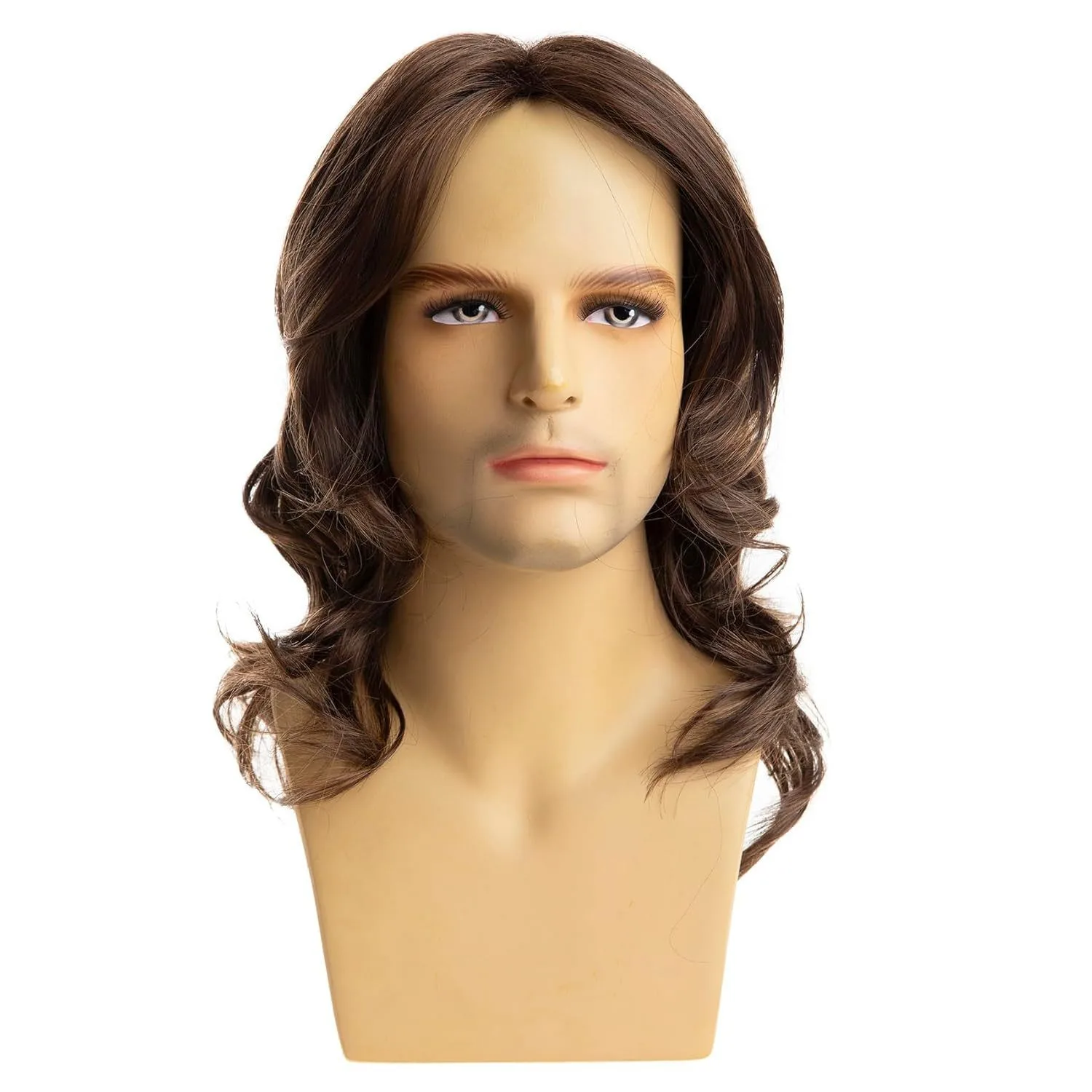 

Men's Medium Length Curly Wig Natural Chocolate Brown Heat Resistant Synthetic Fiber Wigs with Side Part Bangs Daily Wear Wigs