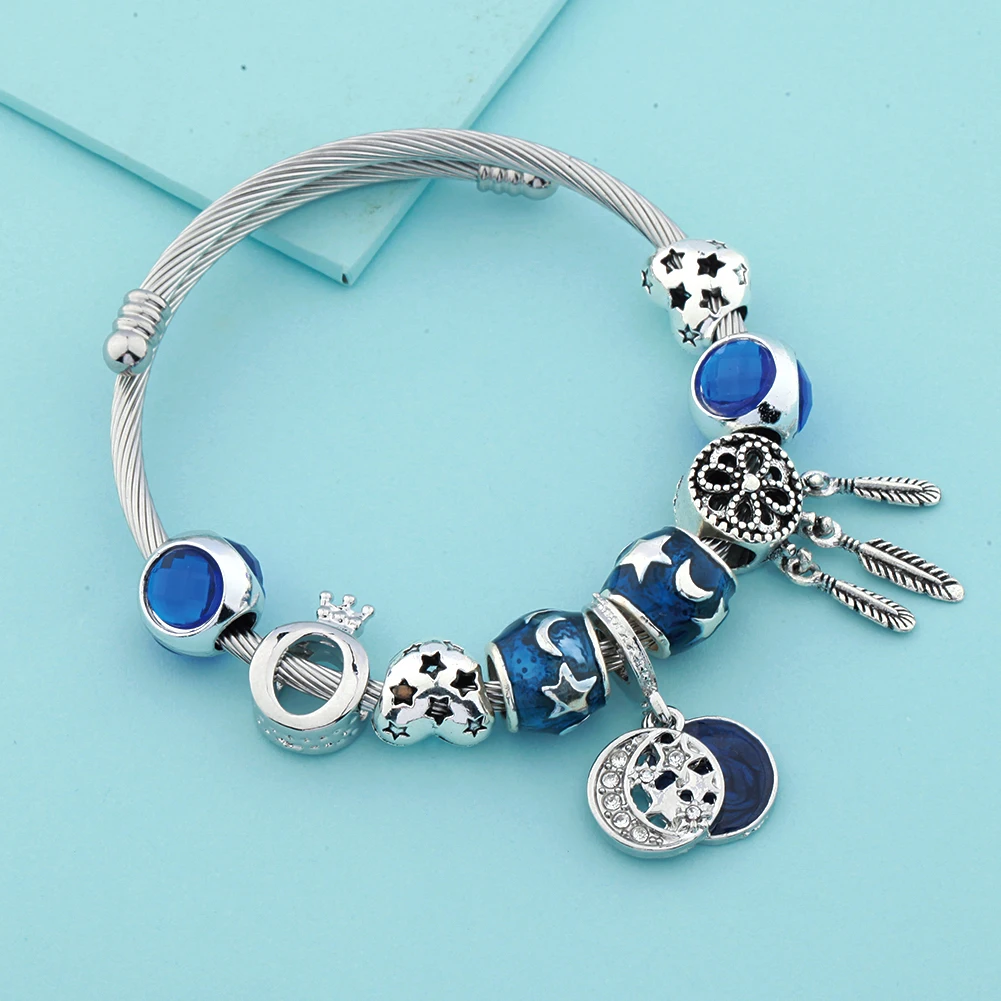 Classic Dark Blue Crystal Star Moon Charm Bracelet Silver Color Heart Crown Dream Dream Catcher Bead Bangle DIY Jewelry