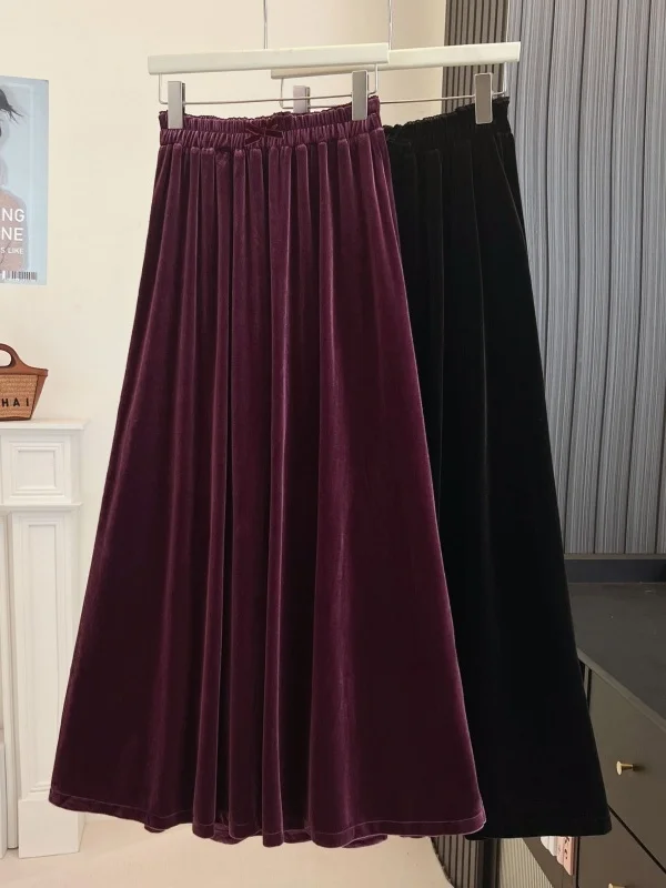Spring Autumn New Style Chinese Pure Color Velvet Skirt plus Size Slimming Elastic Waist A-Line  Skirt Ethnic Style Skirt