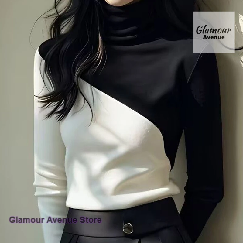

Korean black and white contrast T-shirt stitching top women's autumn and winter new high-grade slim high-necked bottoming shirt