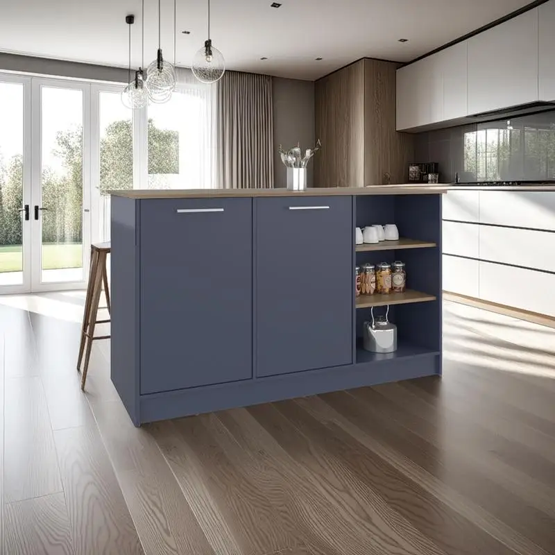 جزيرة مطبخ الزنجبيل مع أرفف مفتوحة وخزائن للتخزين ومنظم المطبخ قائم على الأرض وحل الديكور