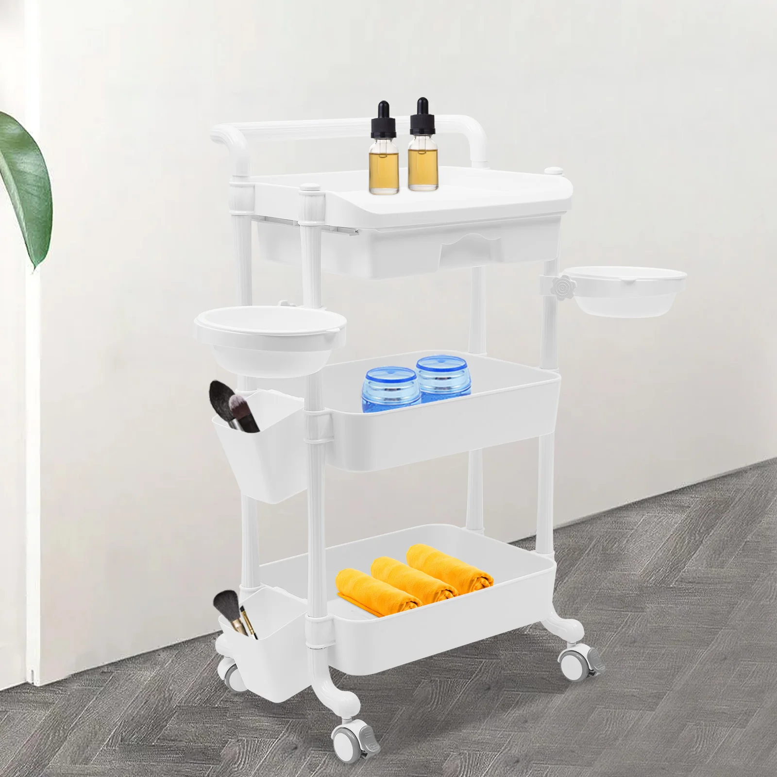 3 Tier Medical Trolley 330.69 Lbs Spacious Beauty Salon Rolling Trolley with Dirt Buckets Drawers 360°Rotate Wheels Heavy Duty