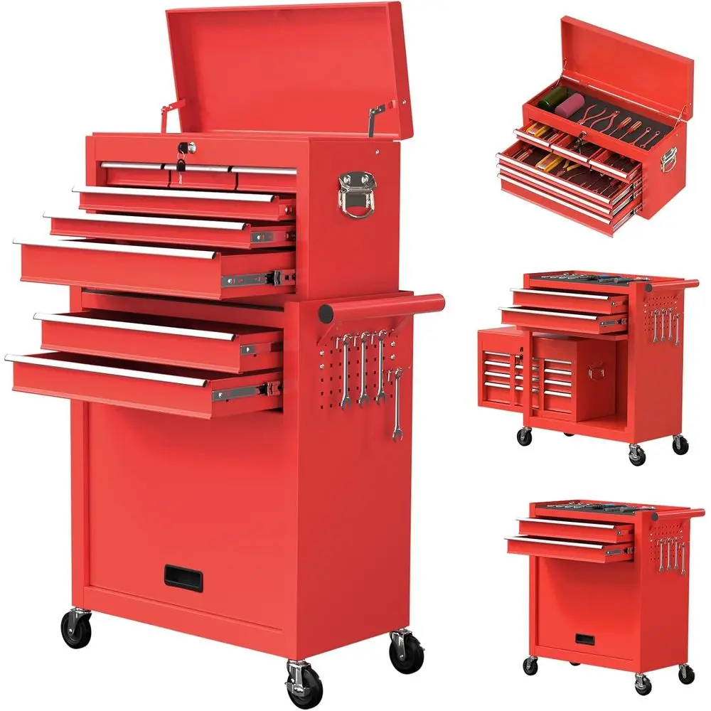 

Портативный шкаф для инструментов на колесиках с 8 ящиками и запираемым ящиком для хранения для гаража и мастерской (красный)