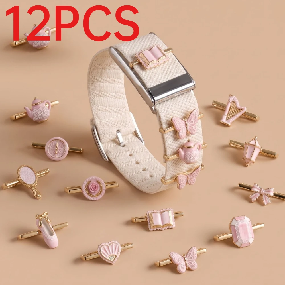 12Pcs French Style Pink Enamel Charms Mirror Rose Harp Lantern Pendants DIY Watch Band Accessories