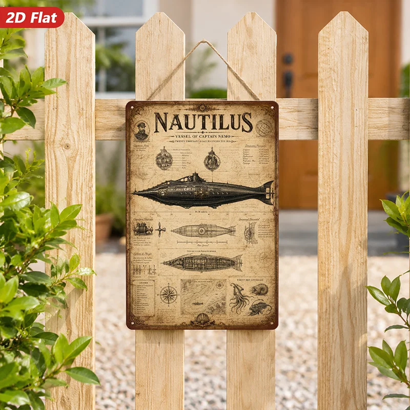 1pc Metal aluminum Sign Wall Art, Vintage Nautilus - The Submarine of Captain Nemo Home Decor, Steampunk Style