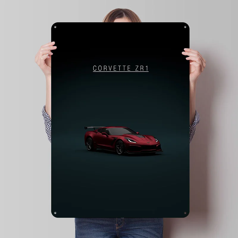 Sports Car Corvette C7 ZR1 - Red Front Poster Customized Vintage Metal Signs Wall Art Retro Tin Plaque for Garage Room Decor Men
