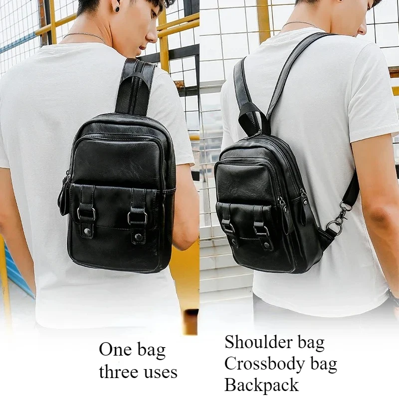 กระเป๋าเป้สะพายหลังมินิผู้ชายสามใช้กระเป๋าผู้ชายไหล่กระเป๋าหนัง PU นุ่มกระเป๋าเป้สะพายหลังชายสลิงกระเป๋า Crossbody กระเป๋าเป้สะพายหลังแฟชั่น