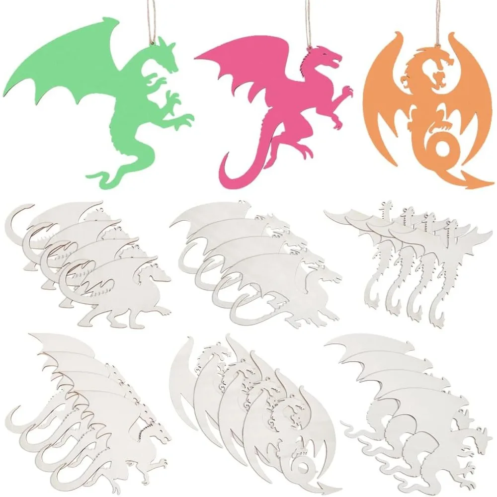 

24Pcs 6 Styles Wood Dragon Cutouts Unfinished Wooden Dragon Hanging Ornaments Dragons Embellishments with String DIY Animal