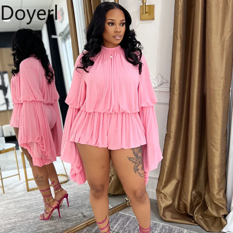 

Doyerl Pleated Ruffles 2 Piece Set Woman Y2K Rave Clothing Festival Long Flare Sleeve Top and Short New in Matching Sets Outfits