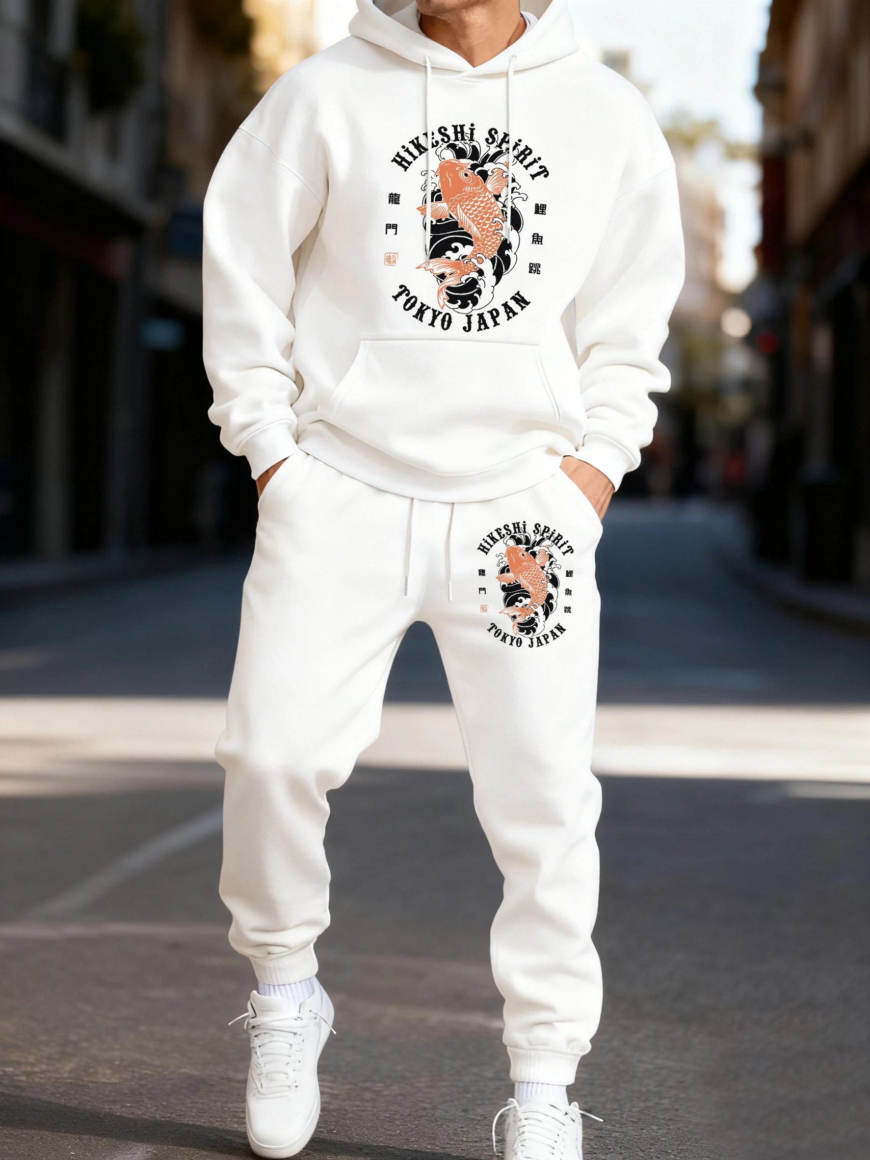 

Tokyo Japan Brocaded Carp Printed Fleece Winter Man'S Hoodie Sweatpants Sets Autumn Elastic Waist Sportpants Sport Sweatshirts