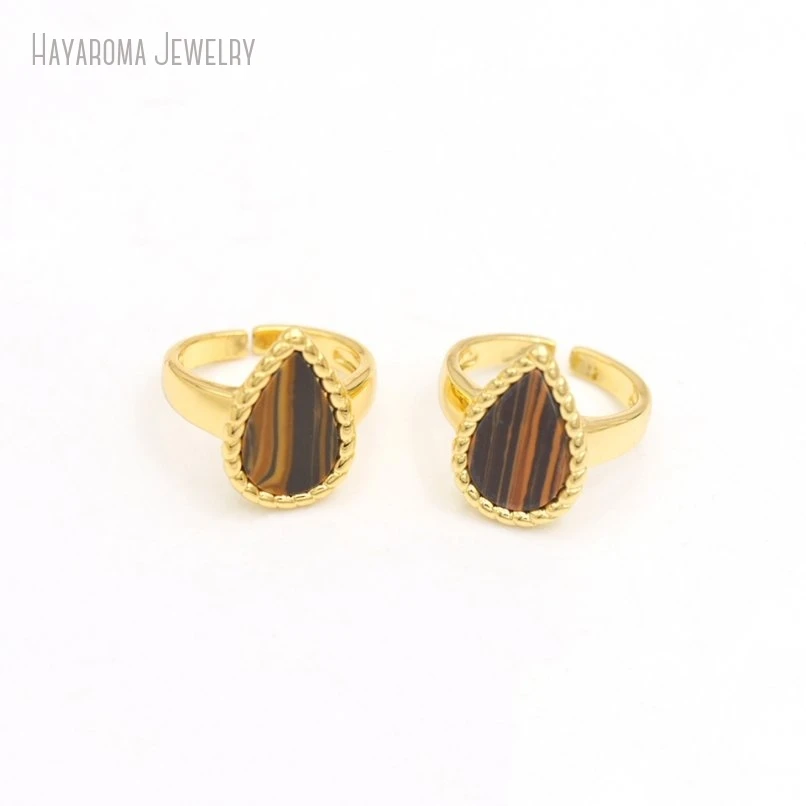 10Pcs Metal Stone Tiger Eye Copper Water Drop Shape Teardrop Gold Color Wholesale Ring RM50762