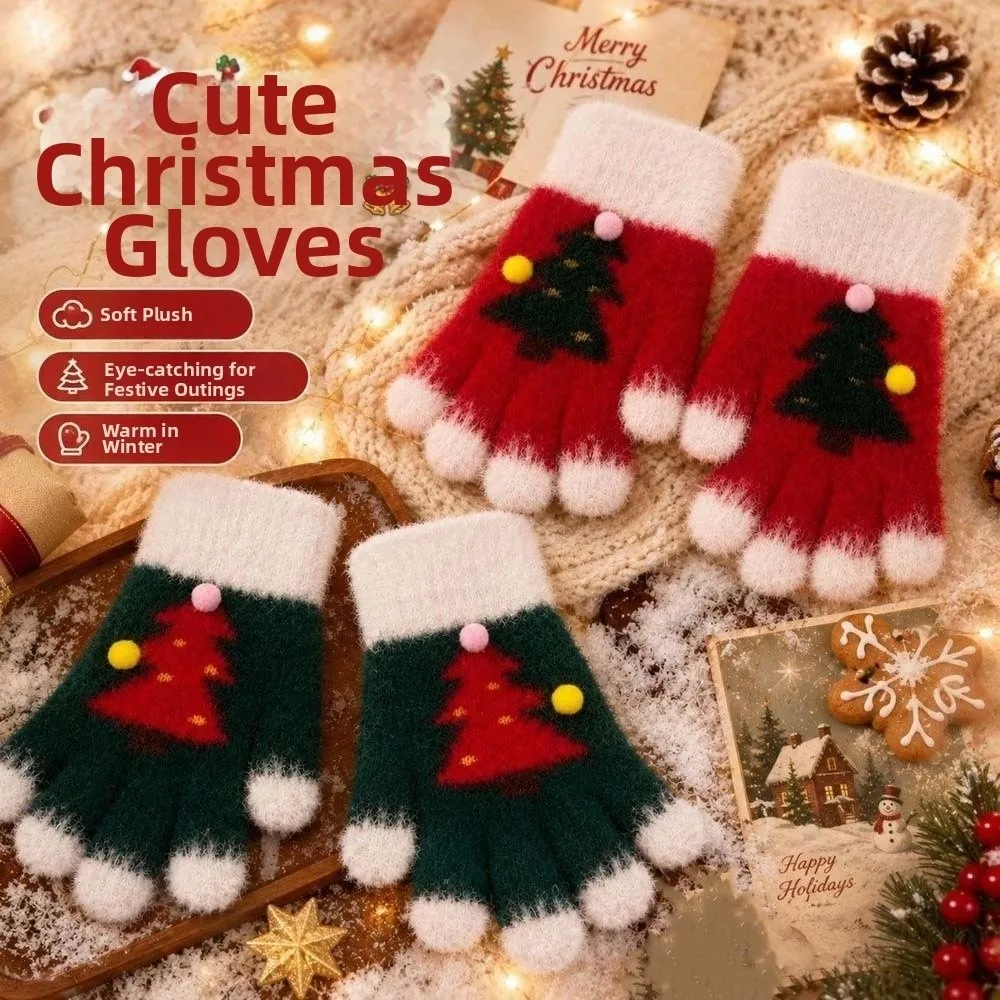 Red Green Christmas Gloves Cuff Elastic Wrist Winter Knit Mittens Thick Lining Knitted Woolen Touchscreen Full Finger