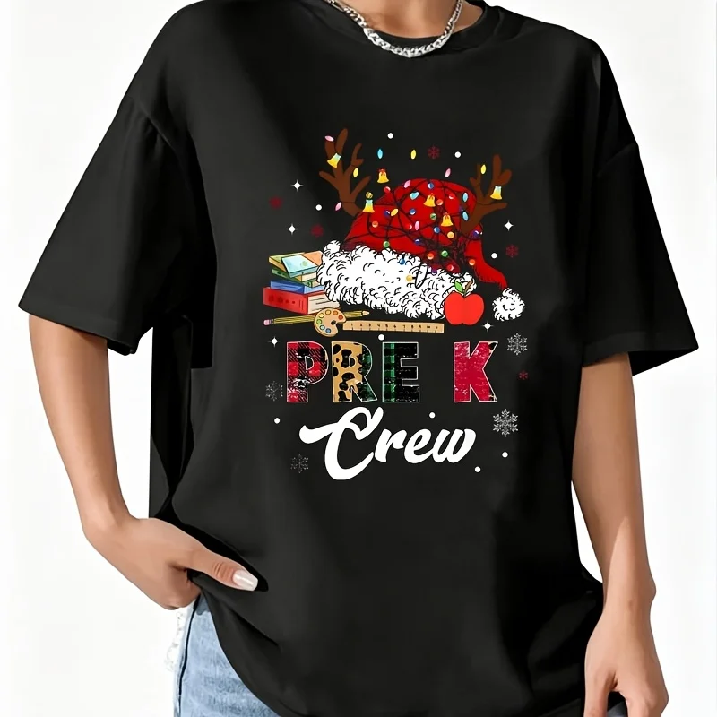 Preschool Team Santa Hats Women's 100% Cotton T-Shirt Fun Print Short Sleeve Top Casual Round Neck Tee S-5Xl