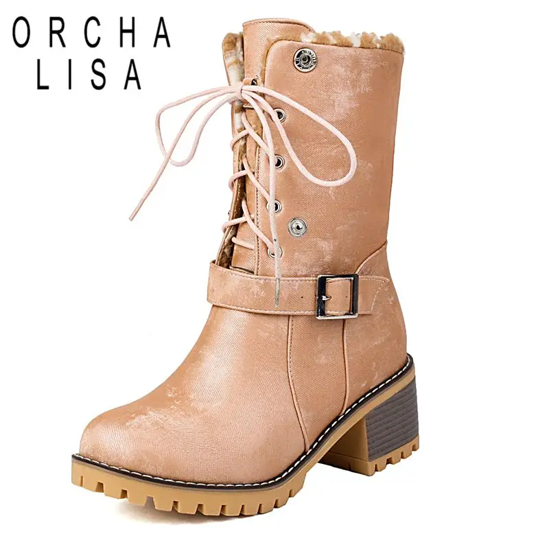 

ORCHA LISA 2025 Женские ботильоны двойного назначения с круглым носком и блочным каблуком 5,5 см, со шнуровкой и пряжкой на ремне, большой размер 41 42 43 Теплая зимняя обувь