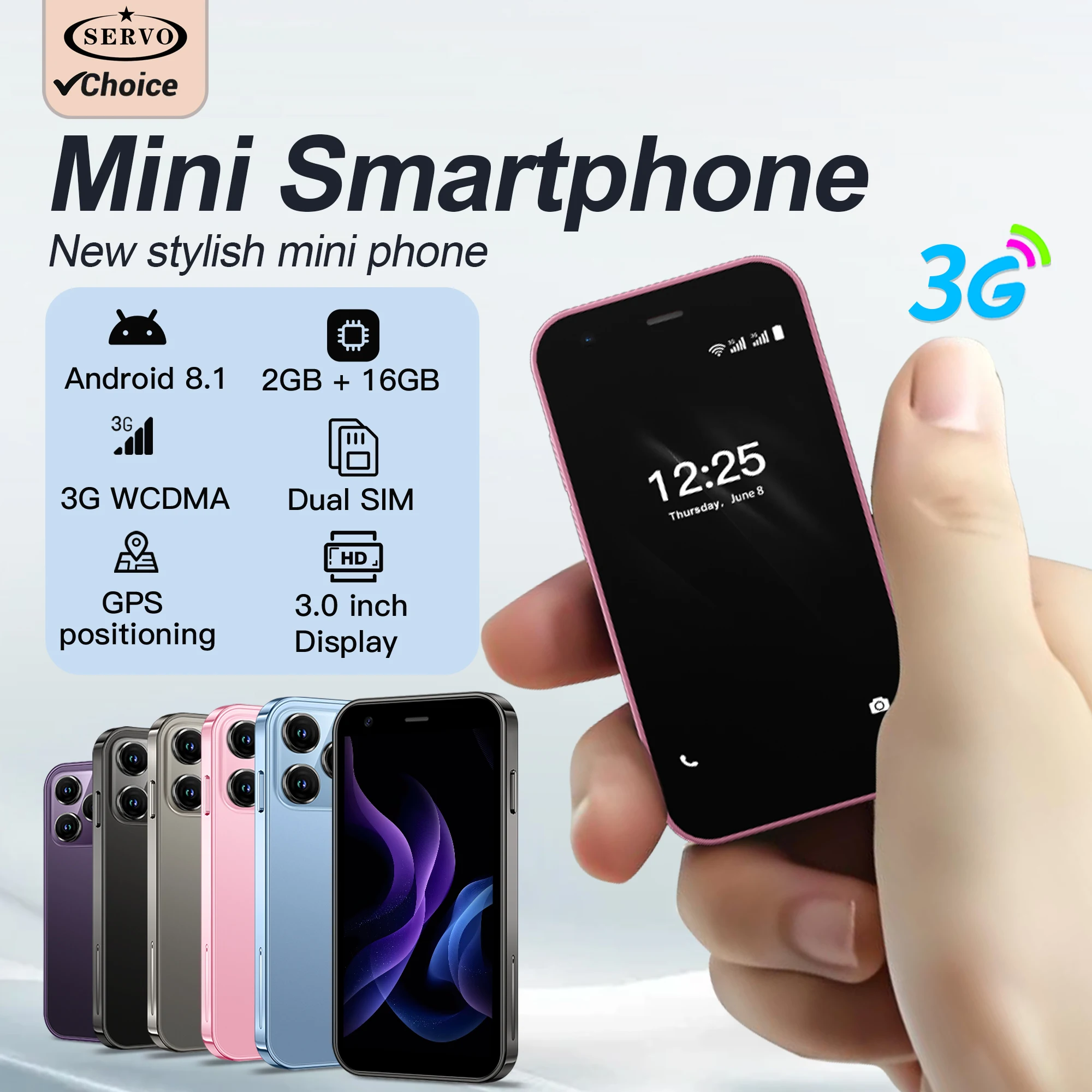 SERVO Mini Smartphone Dual SIM cards Android 8.1 System 2GB+16GB 3G Network Play Store WiFi 3.0'' Display Small Smart Phone