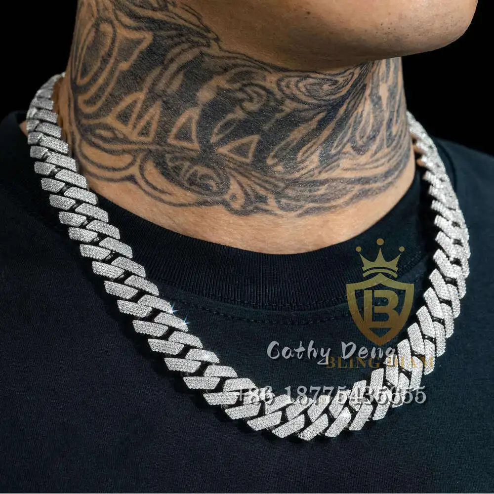 Gra Certificate 15mm 3 Row Hip Hop Jewelry S925 Silver Vvs Moissanite Cuban Link Iced Out Miami Cuban Link Chain Rapper Jewelry