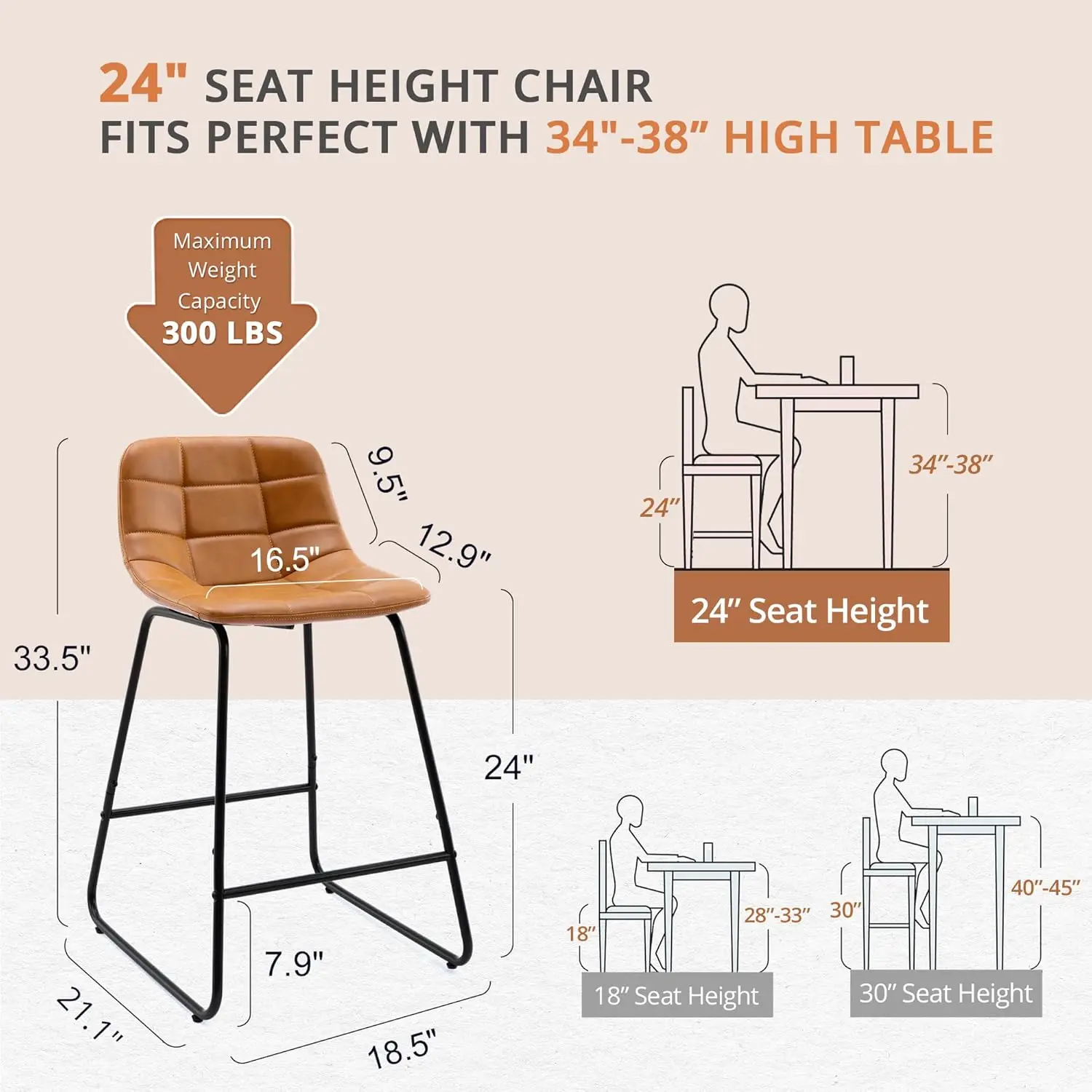 Faux Leather 24 Inch Counter Height Bar Chairs with Metal Legs for Kithchen Island, Whiskey Brown