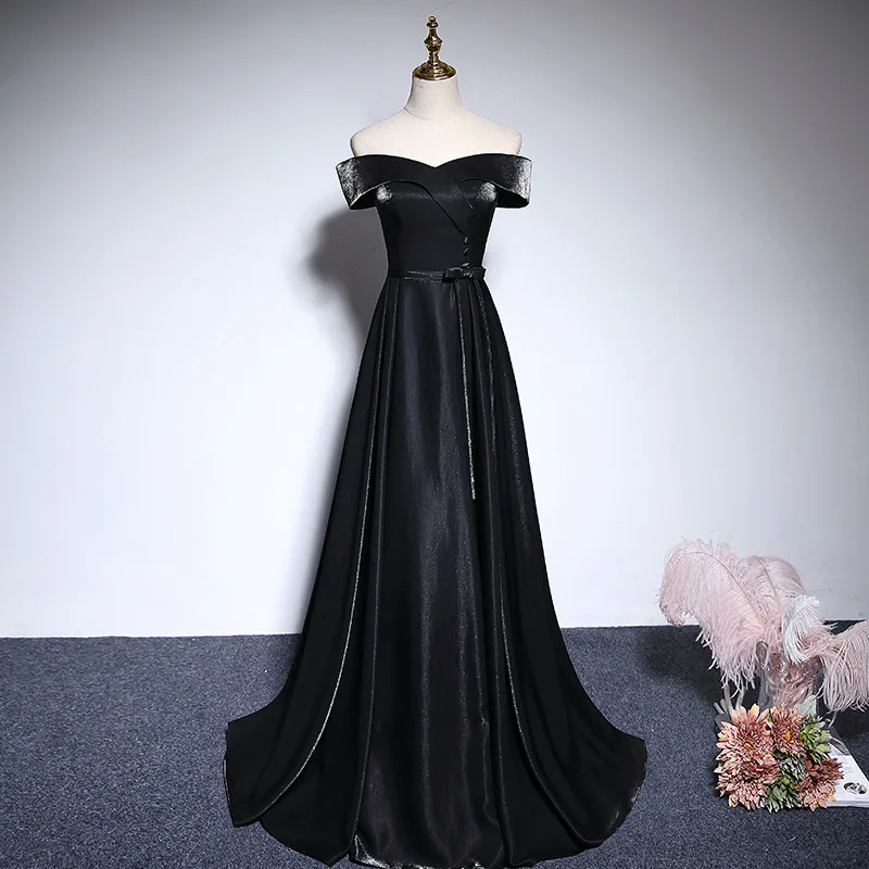 Customized 1Off The Shoulder Woman Evening Dress Gown Black Ball Gown A Line Stain Pleat Night Dresses Gown Custom Robes De Soir