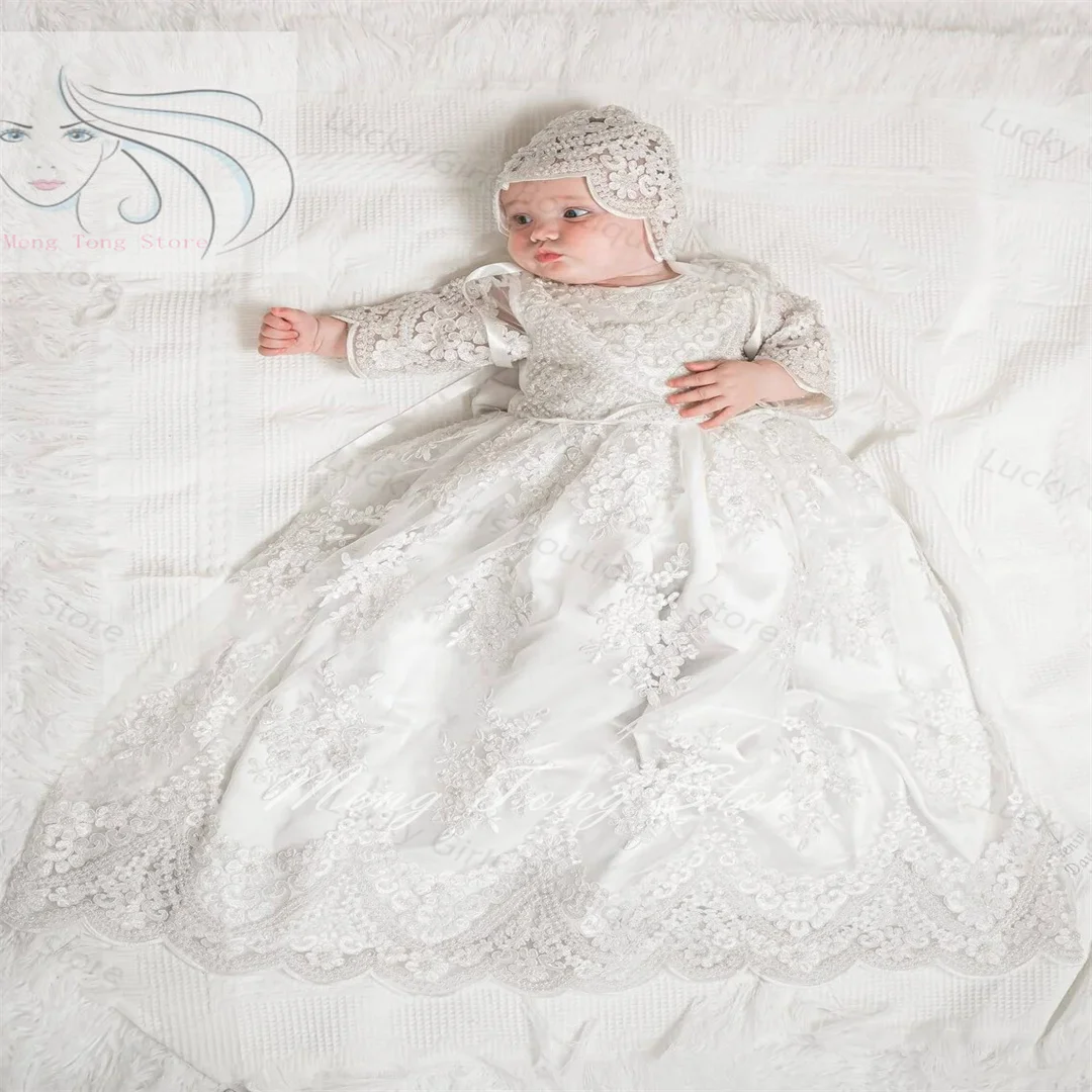 

Vintage Witte Baby Doopjurken Luxe Kralen Appliqueert Meisjes Doop Kant Ruches Kids Verjaardag Eerste Communie Jurken