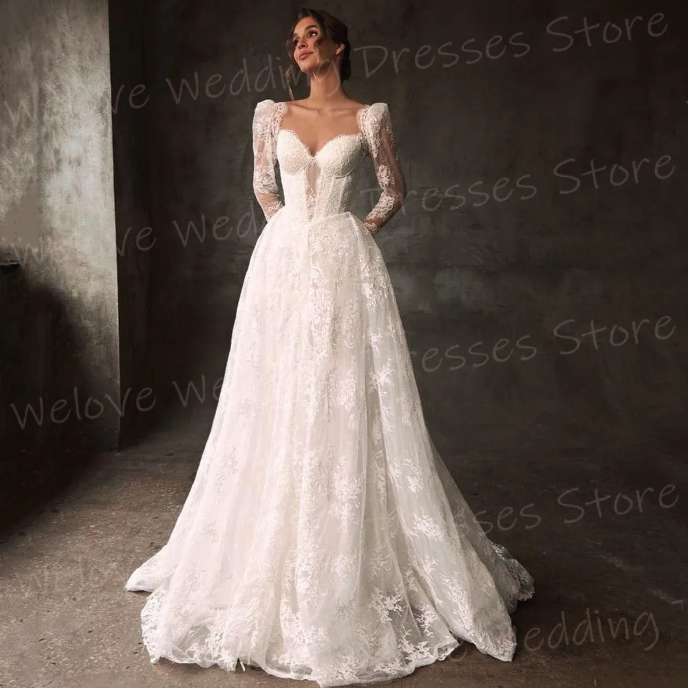 فساتين زفاف نسائية فاخرة على شكل حرف A على شكل قلب وأكمام طويلة مخصصة فساتين العروس مزينة بالدانتيل فيستدوس دي نوفيا بودا #1
