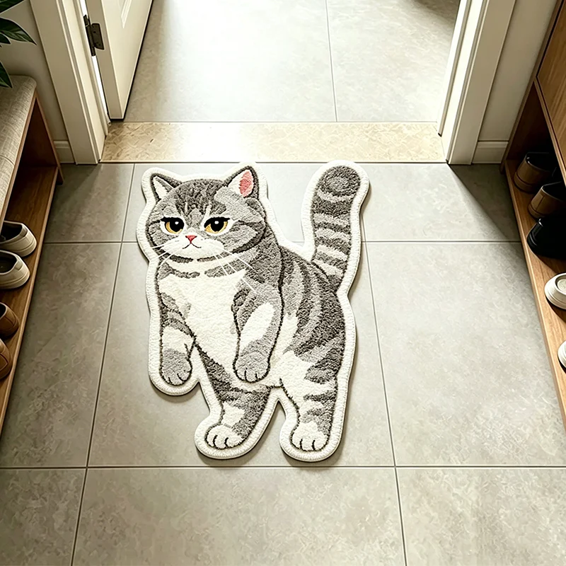 VIKAMA Standing Grey Cat Shaped Doormat Vertical Cute Cat Floor Mat Soft Plush Non-Slip Rug for Entryway Bedroom Home Decor