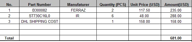 6PCS ST730C16L0 + 2PCS B300082 + DHL FEE