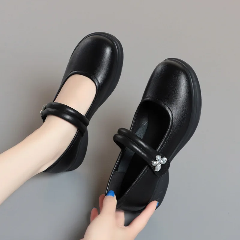 Women Casual Black Soft Leather Slip On Flat Shoes Soft Spring & Summer Preppy Girl Work Office Loafers Platform  Lolita Sweet