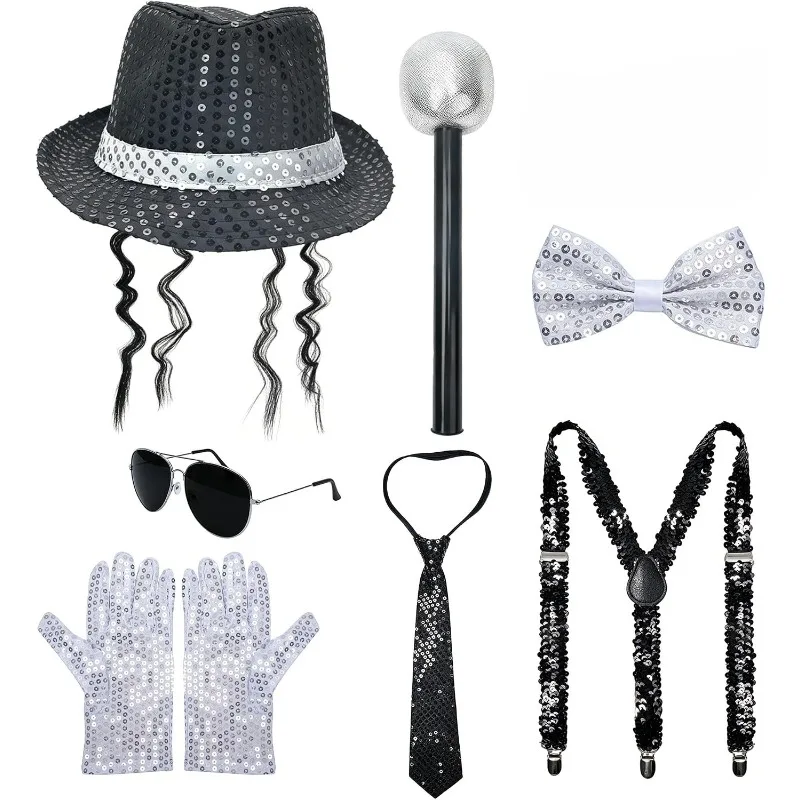 Pop Star Costume Accessory Set, Sequin Fedora Hat with Curly Wig, Suspenders, Tie, Bow Ties, Gloves, Sunglasses, Microphone