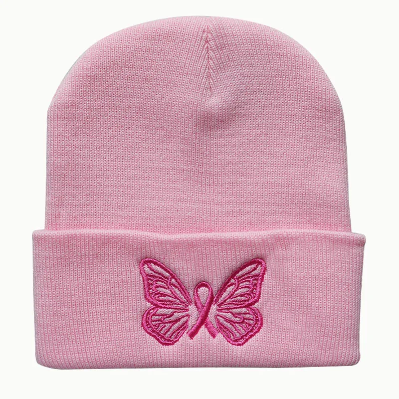 Pink Butterfly Embroidery Beanie hat Winter Hats Women Men Solid autumn beanies Knitted Hats Skullcap hip hop wool hats